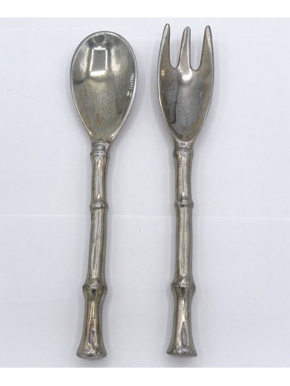 VTG 1996 Mariposa Heavy Cast Aluminum Salad Serving Utensils Faux Bamboo Handles